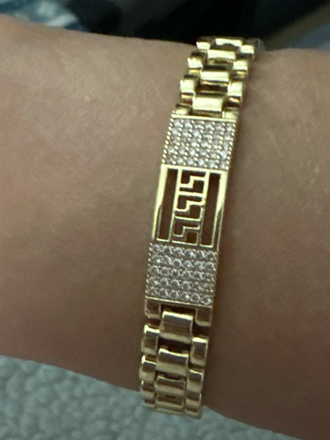 14kGold-Tone laminated Greek Key Bracelet with Rhinestones