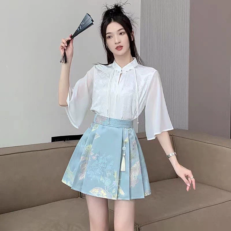 Light Blue Traditional Style Mini Skirt