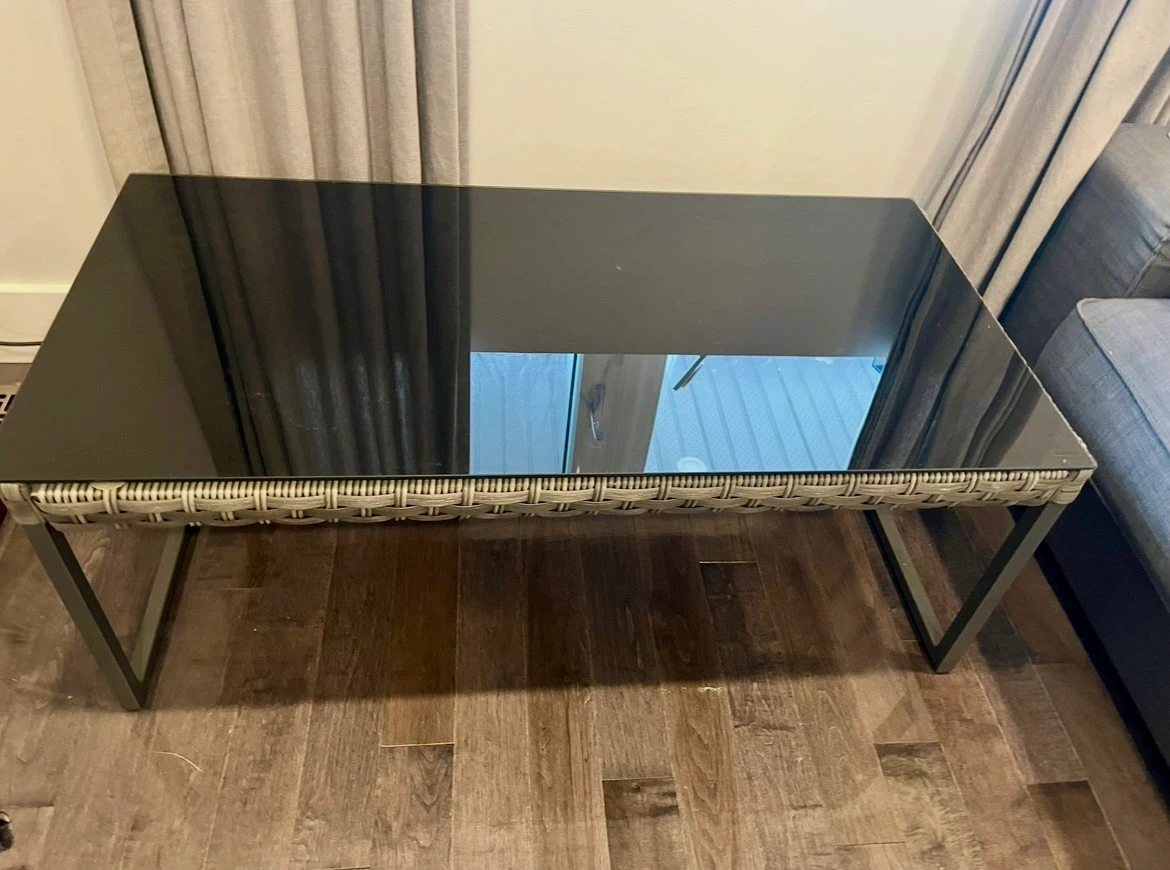Glass-Top Coffee Table, Grey Wicker & Black Metal Frame, $80