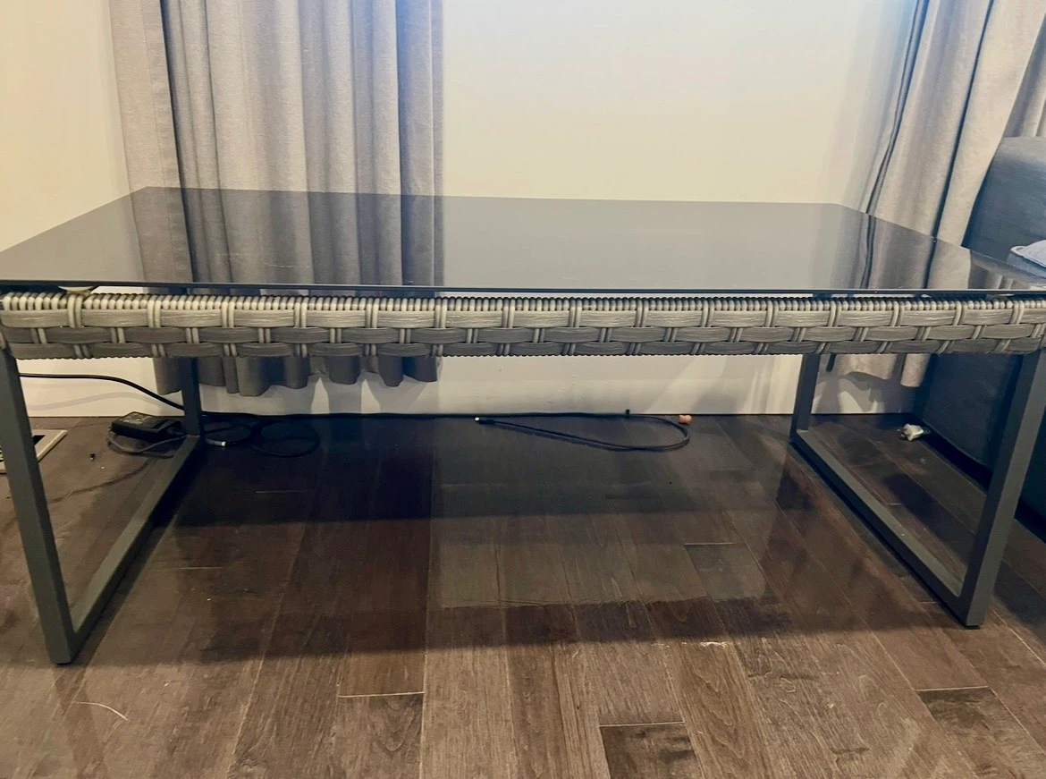 Glass-Top Coffee Table, Grey Wicker & Black Metal Frame, $80 - photo 2