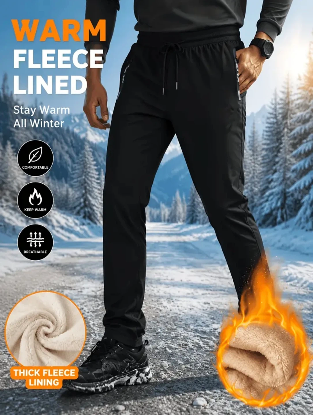 Black Fleece-Lined Winter Trousers