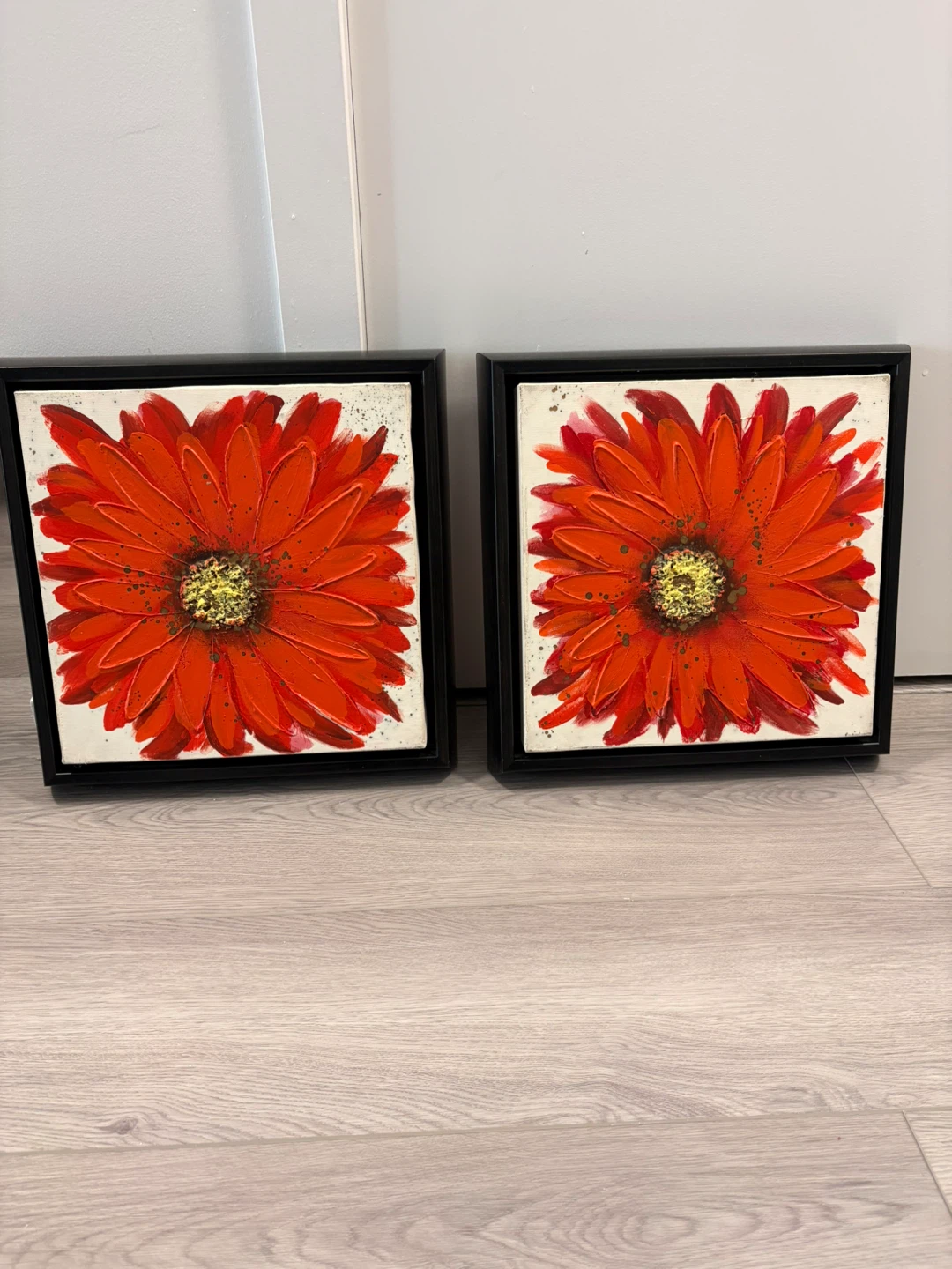 Set of Two Red Flower Wall Art Paintings