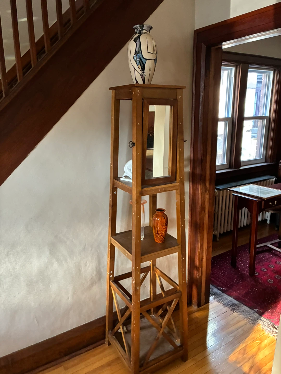 Tall obelisk Narrow Wood Display Shelf Tower storage table