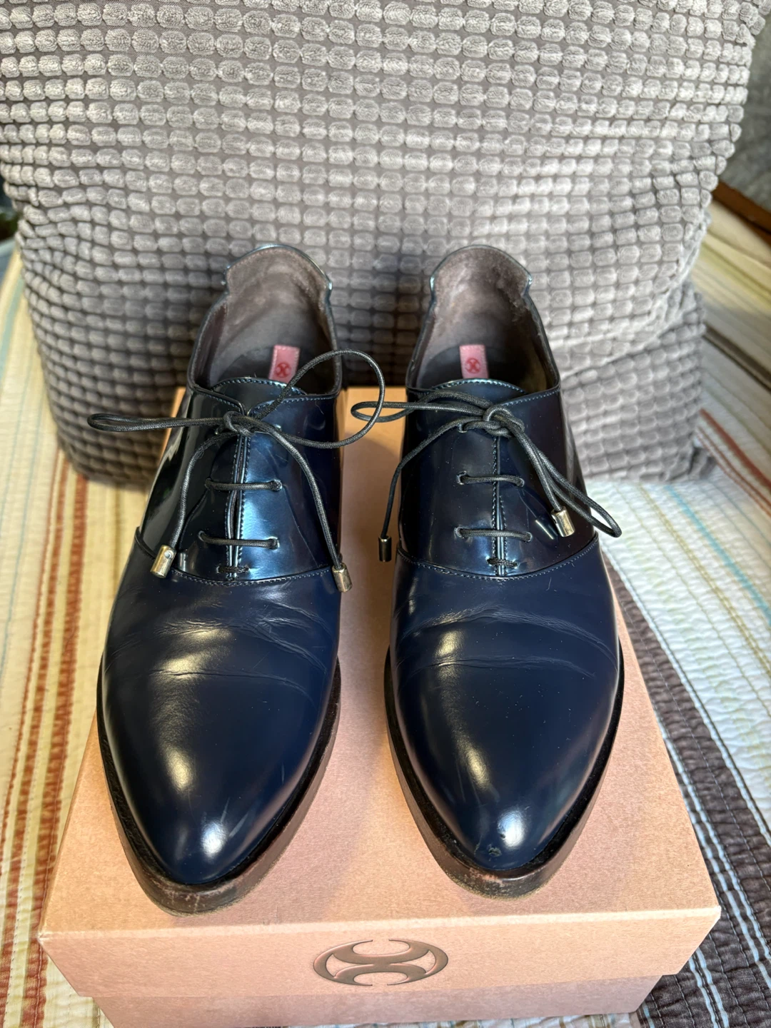 Capezzani navy leather oxfords, handmade in Italy.
