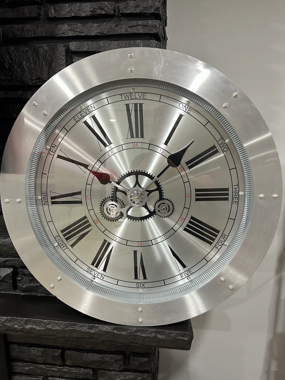 Large Round Silver Metal Wall Clock