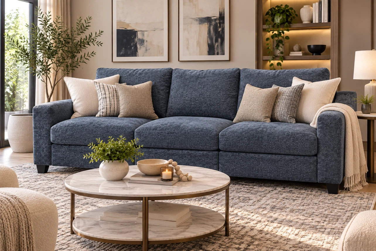 Blue Textured Three-Seater Sofa