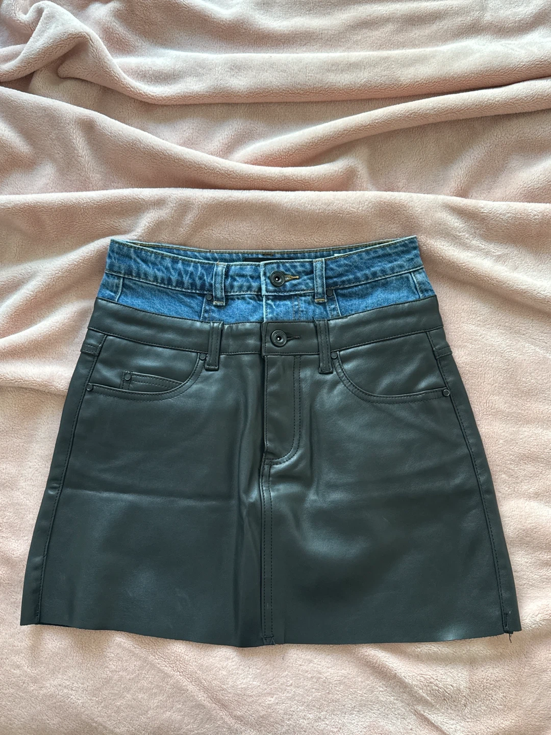 Desigual Denim and Faux Leather Mini Skirt
