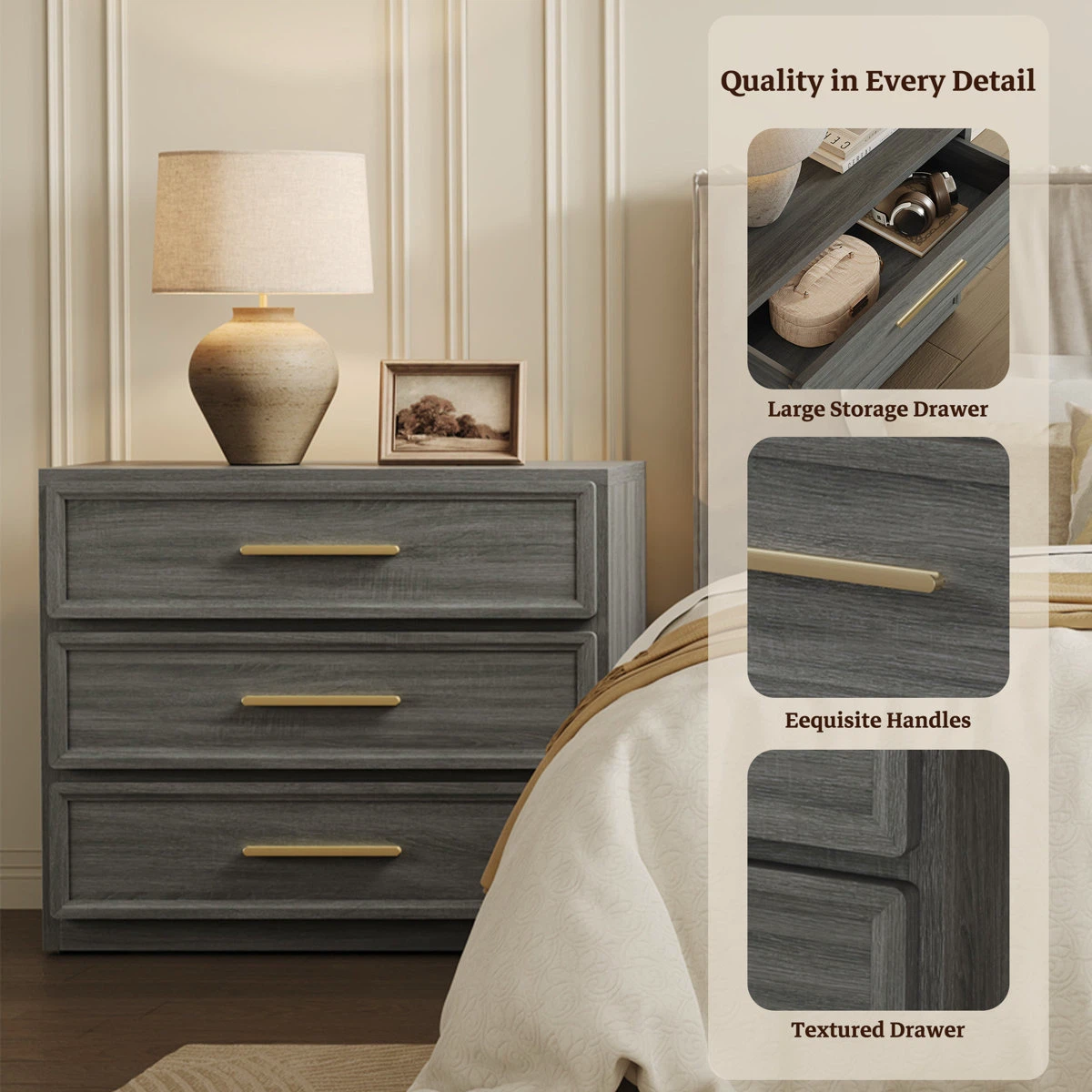 Three-Drawer Gray Nightstand with Gold Handles