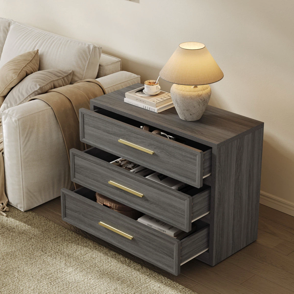 Three-Drawer Gray Nightstand with Gold Handles - photo 2