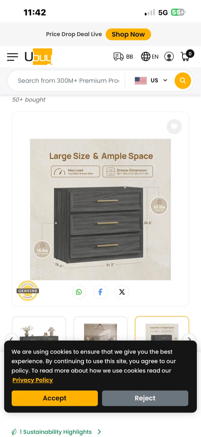 Three-Drawer Gray Nightstand with Gold Handles - photo 3