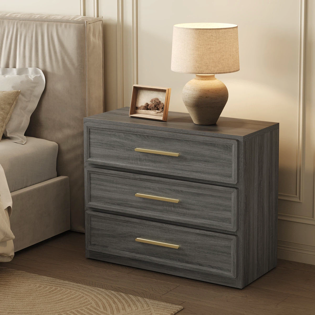 Three-Drawer Gray Nightstand with Gold Handles - photo 4