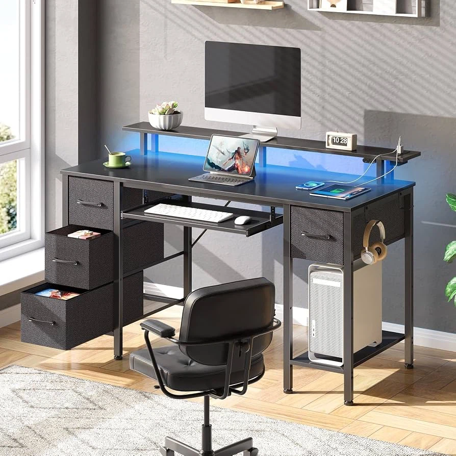 Black Computer Desk with Storage and Power Outlet