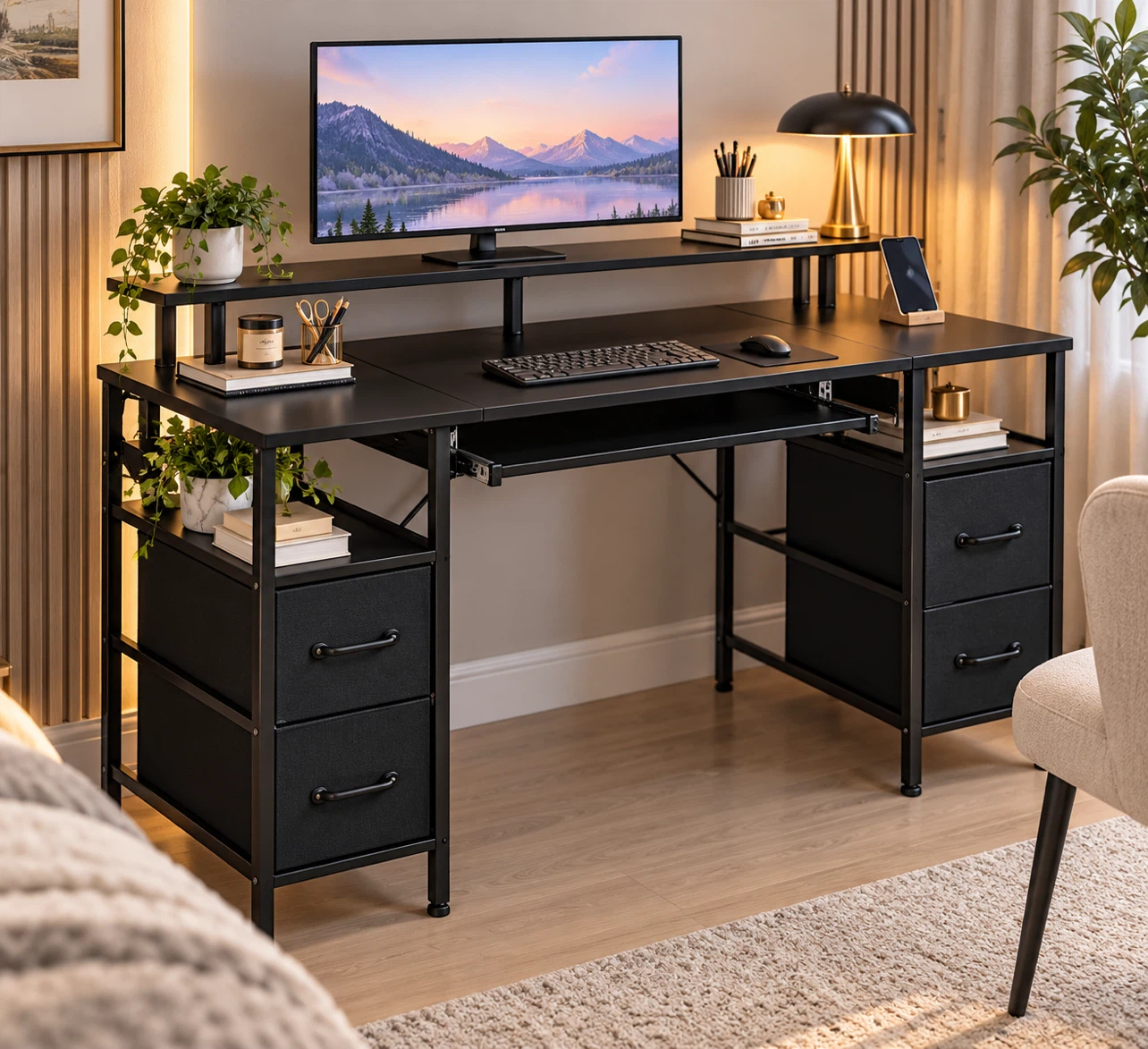Black Computer Desk with Storage and Power Outlet - photo 2