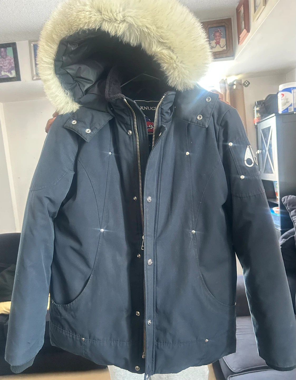 A Kid’s size XL Navy Blue , White Fur, Moose knuckle  Parka
