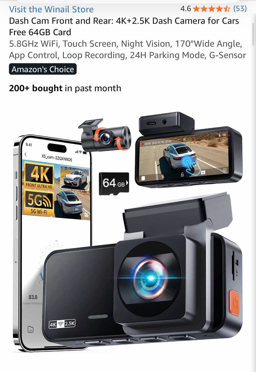 Winail 4K Dual Dash Cam Front and Rear with 64GB Card