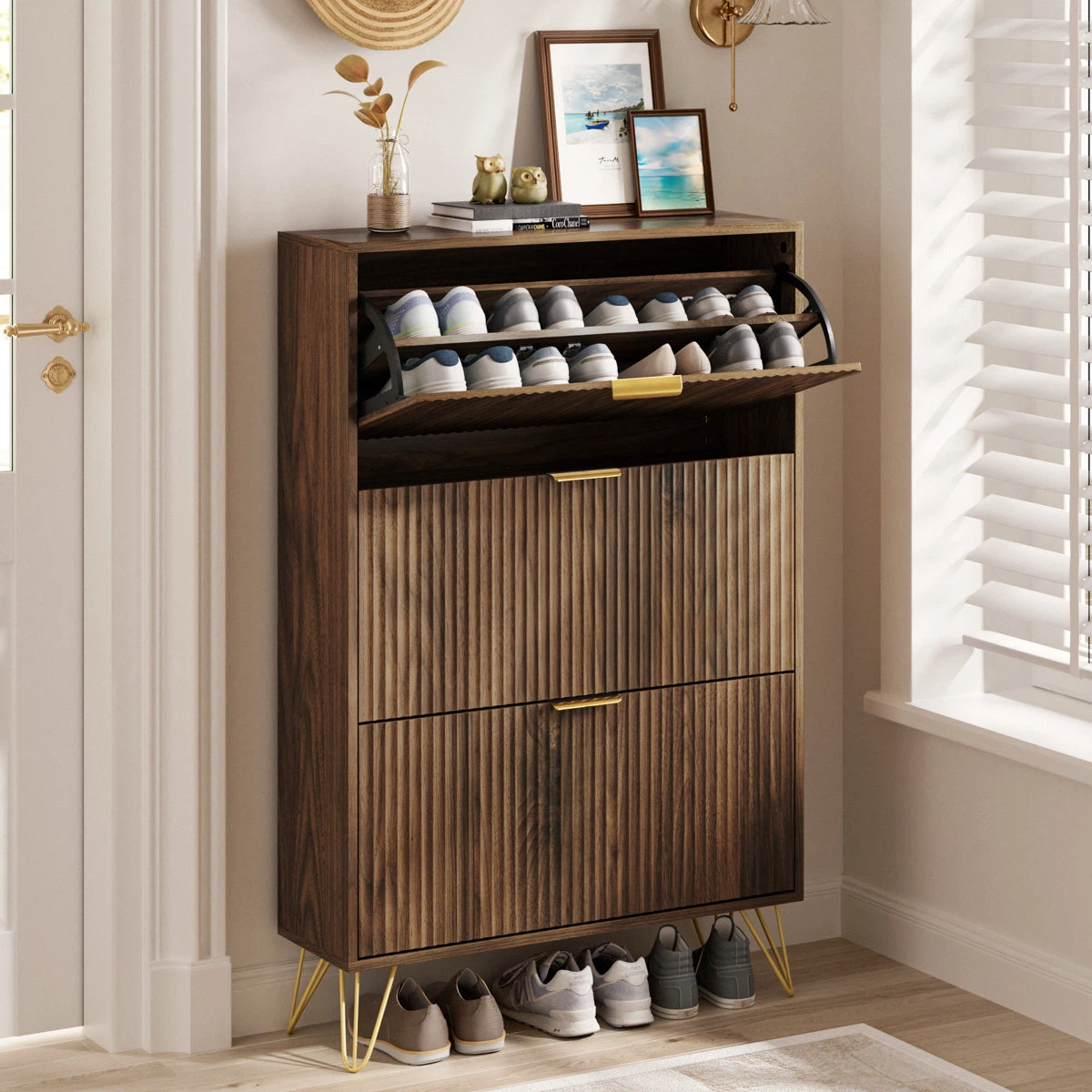 Modern Walnut Shoe Cabinet with Three Drawers