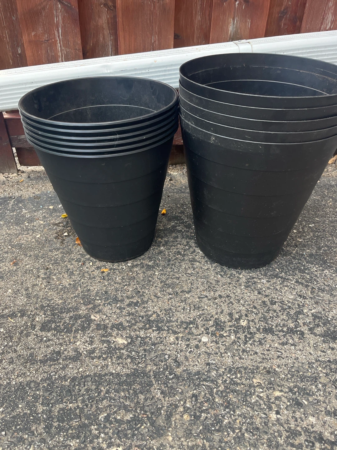 Assorted black plastic plant pots