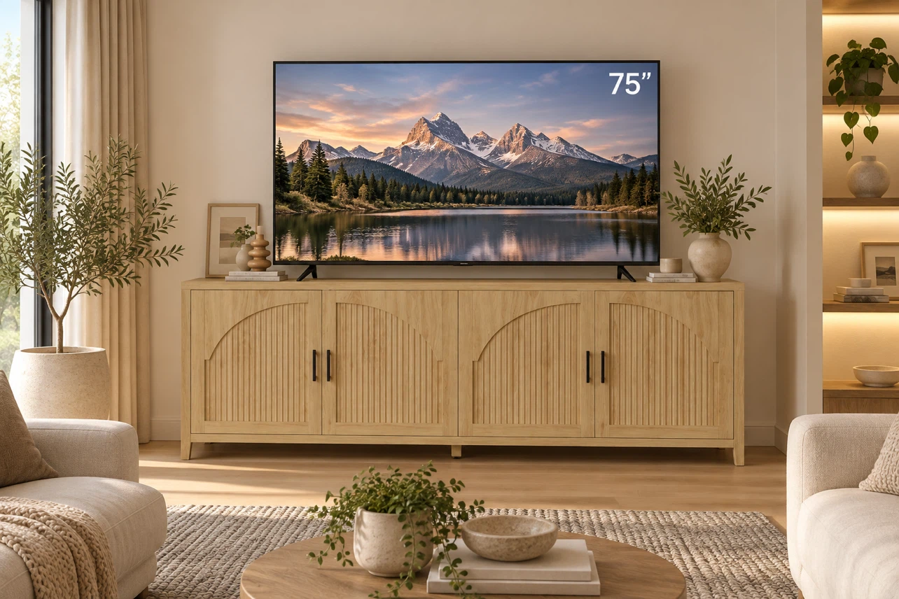 Wood Grain TV Stand with 4 Doors