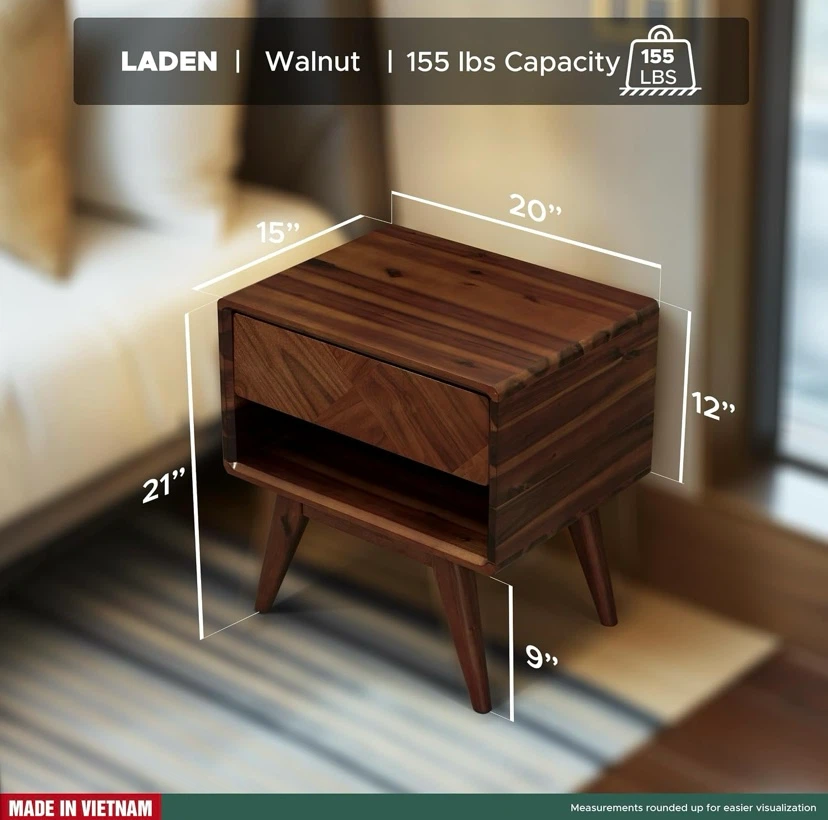 New Laden Solid Acacia Wood Nightstand - photo 3