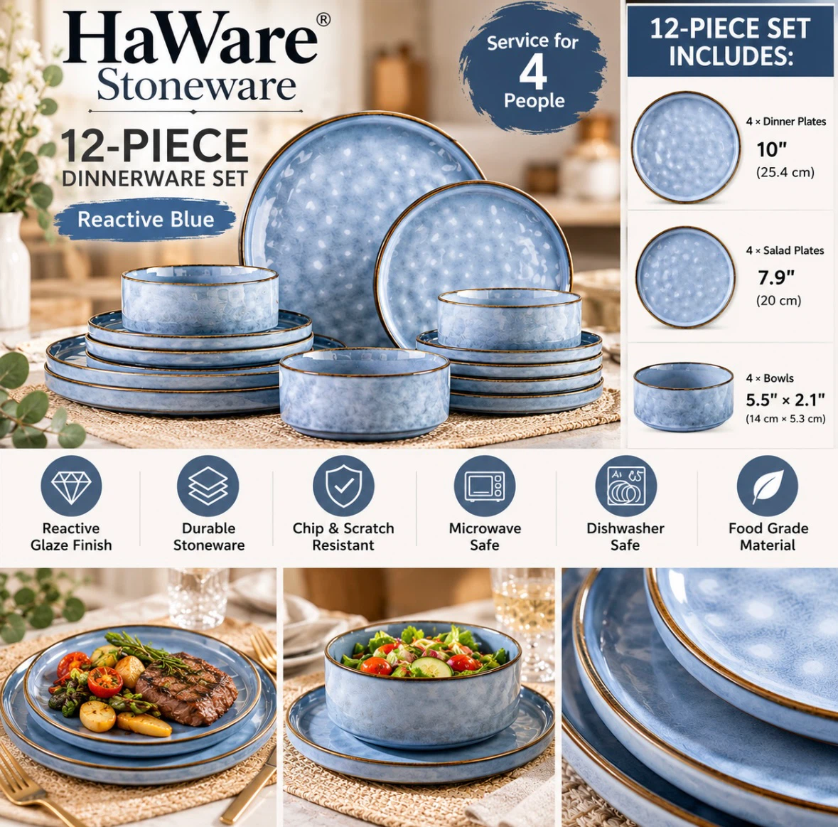 Brand New HaWare Stoneware 12-Piece Dinnerware Set