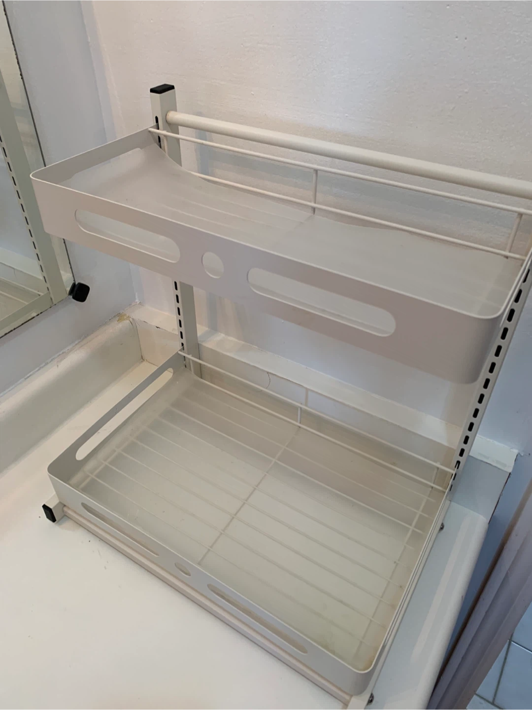 Two-Tier White Metal Undersink Shelf