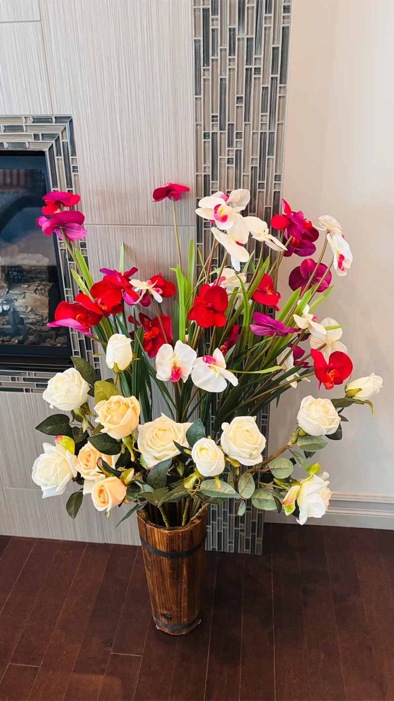 Artificial Floral Arrangement with Wooden Vase