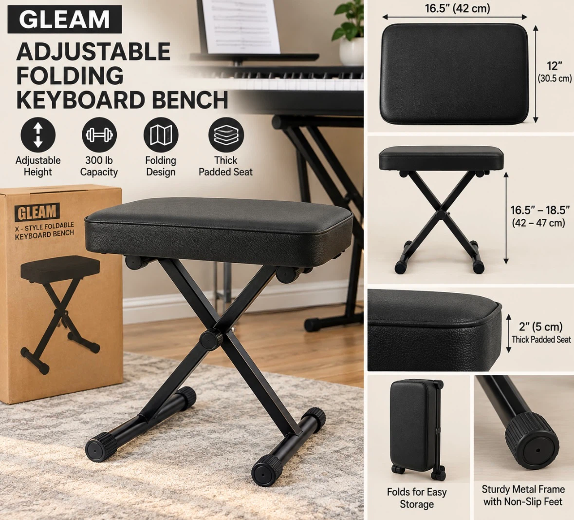 New GLEAM Adjustable Folding Keyboard Bench – Black