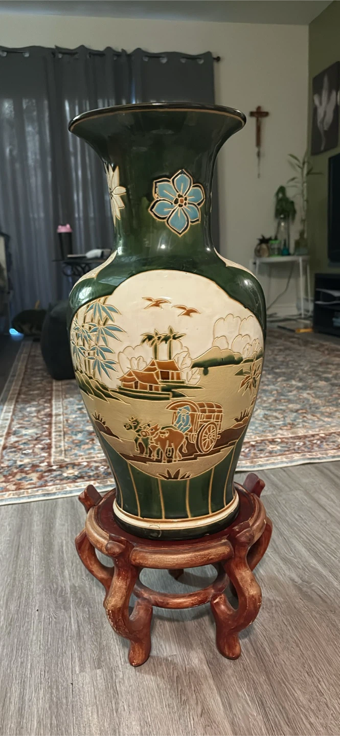 Large 20-Inch Green hand painted Asian Ceramic