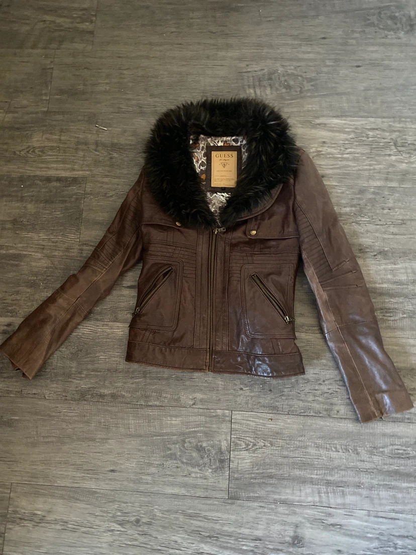 Guess Brown Faux Fur Trim Leather Jacket XS