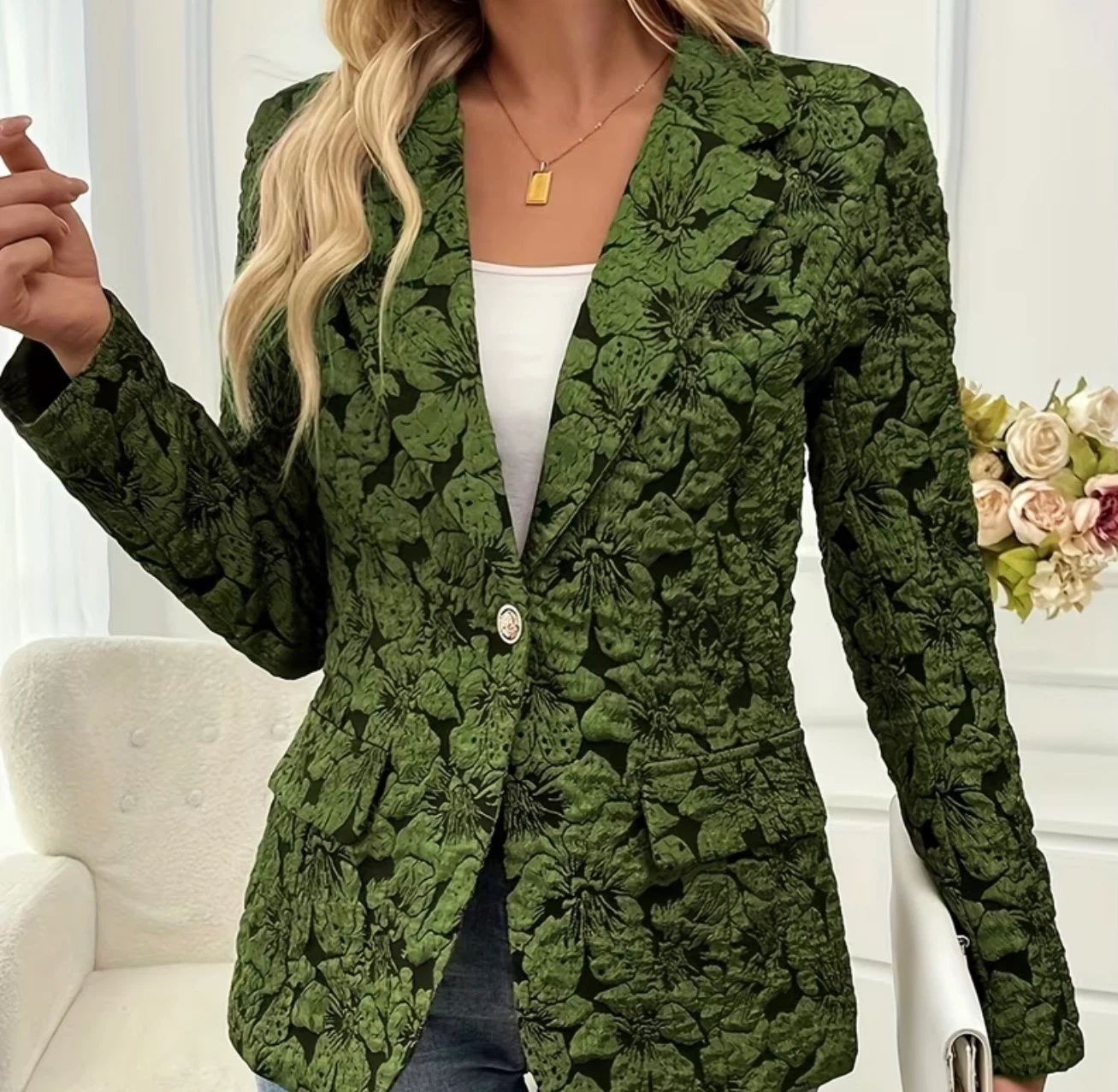 Green Floral Textured Blazer