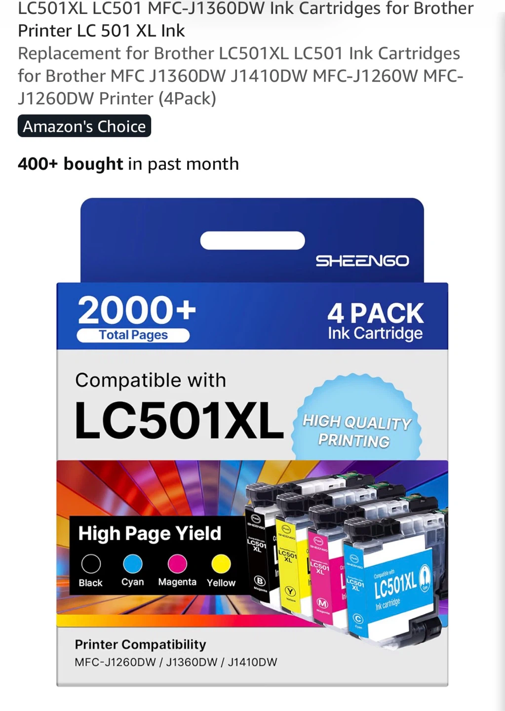 SHEENGO LC501XL Ink Cartridge 4-Pack