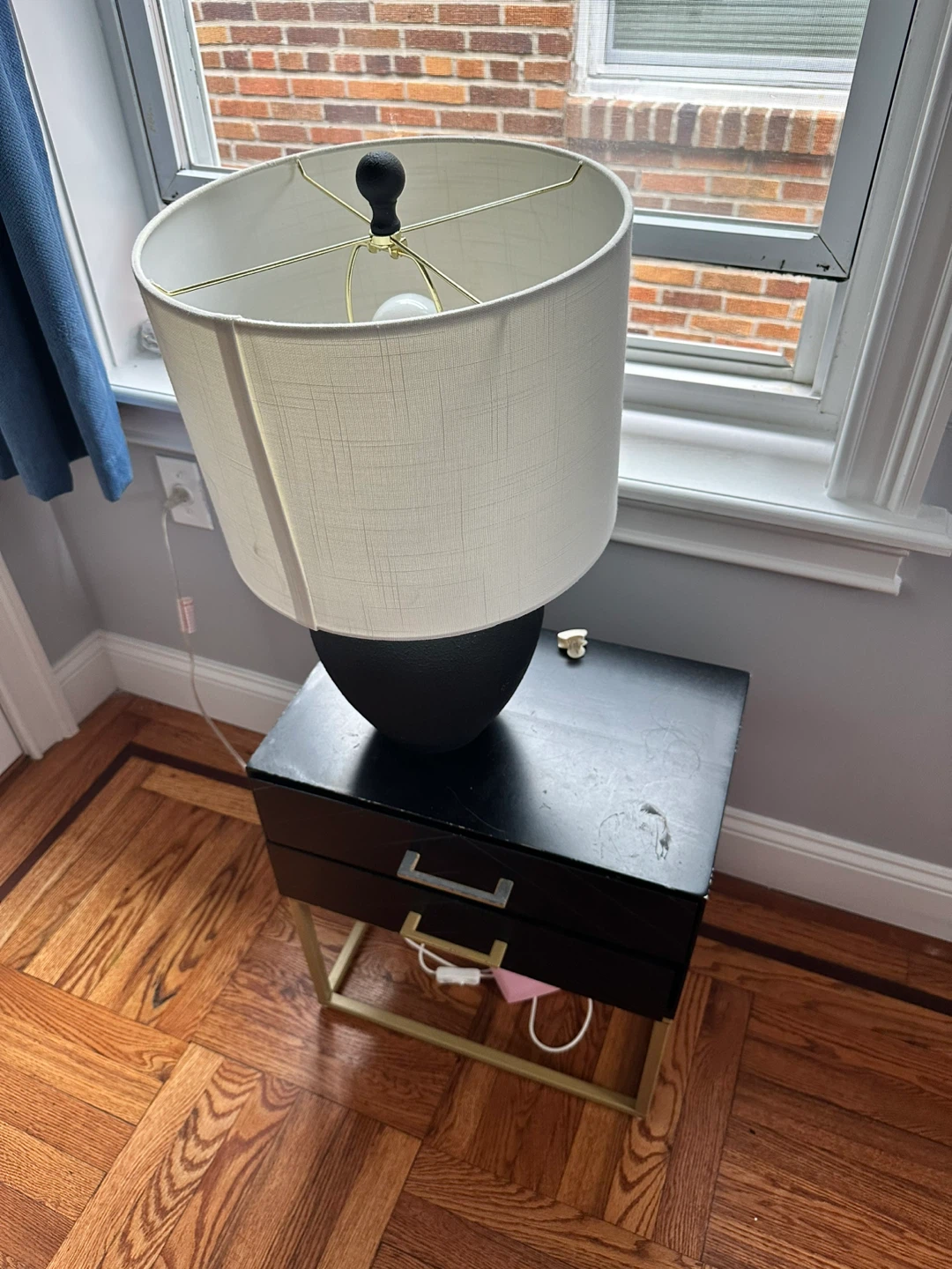 Black Textured Table Lamp with Beige Shade