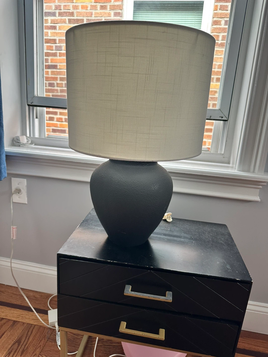 Black Textured Table Lamp with Beige Shade - photo 2