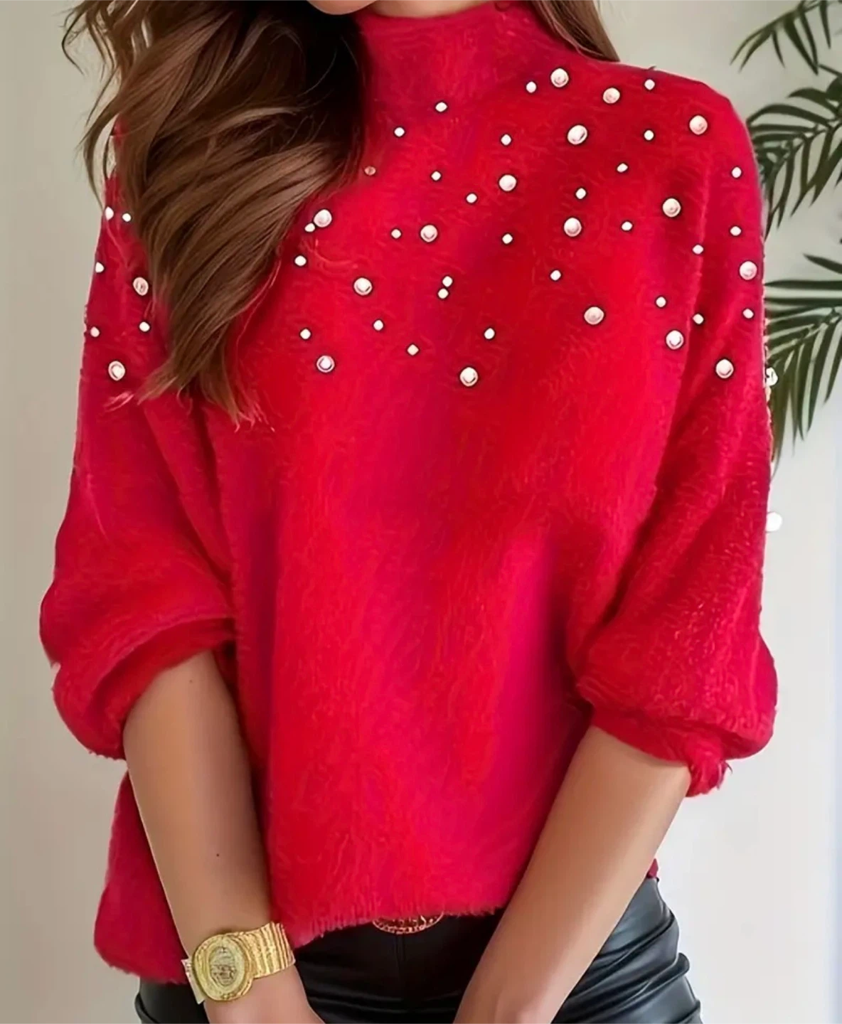 Red Beaded Mock Neck Sweater
