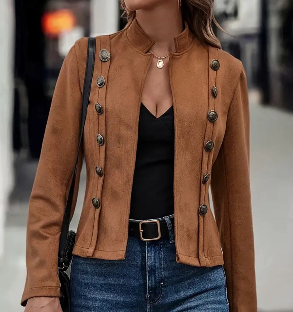 Brown Suede-Style Military Blazer