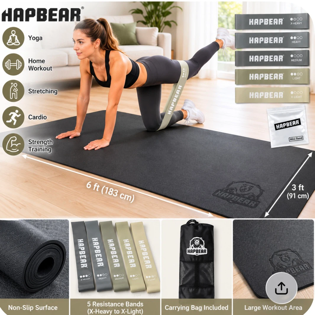 New HAPBEAR Large Exercise Mat + Resistance Bands – 6’ x 3’