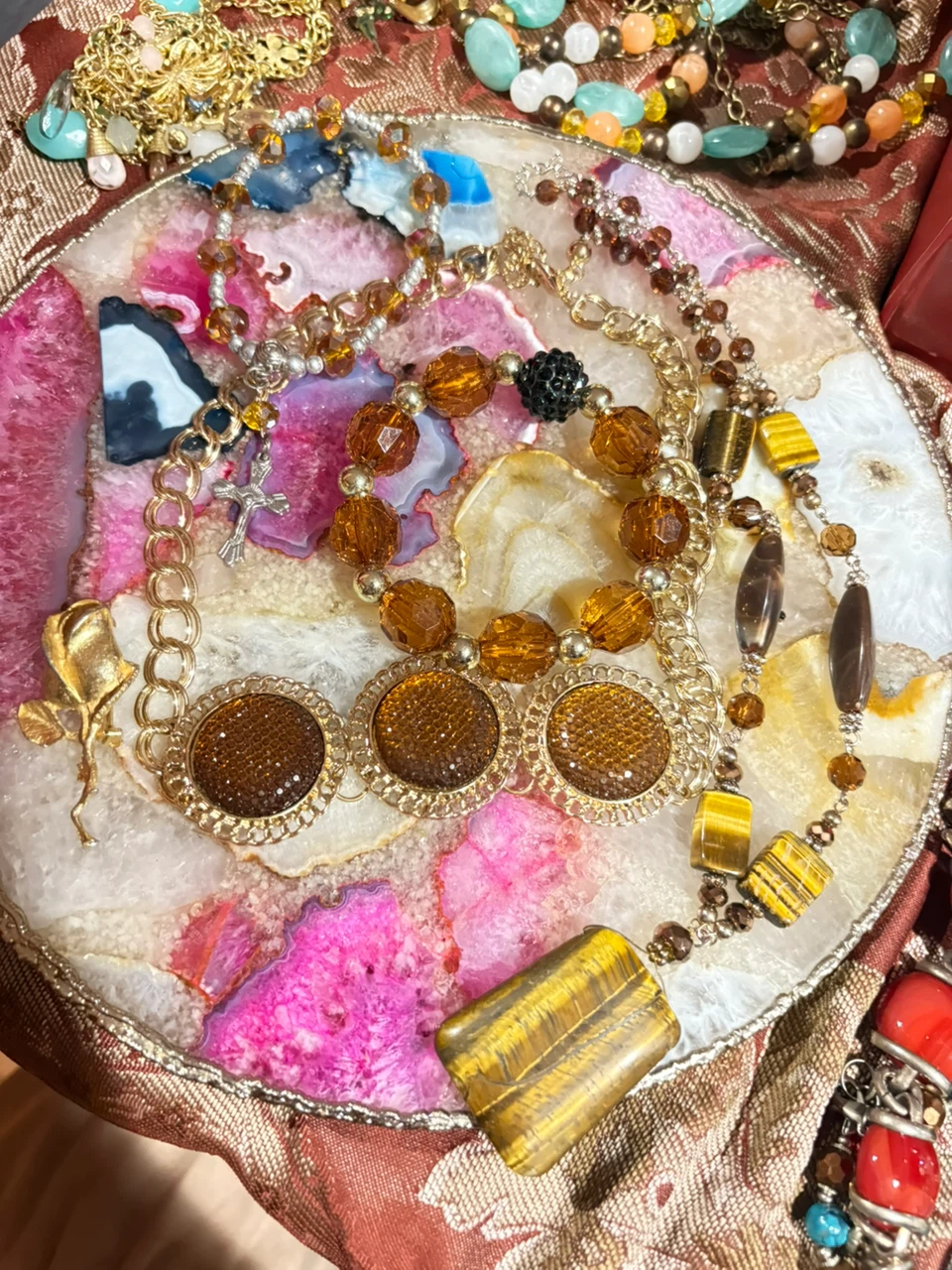 Amber and Gold-Tone Statement Necklace and Bracelet Set