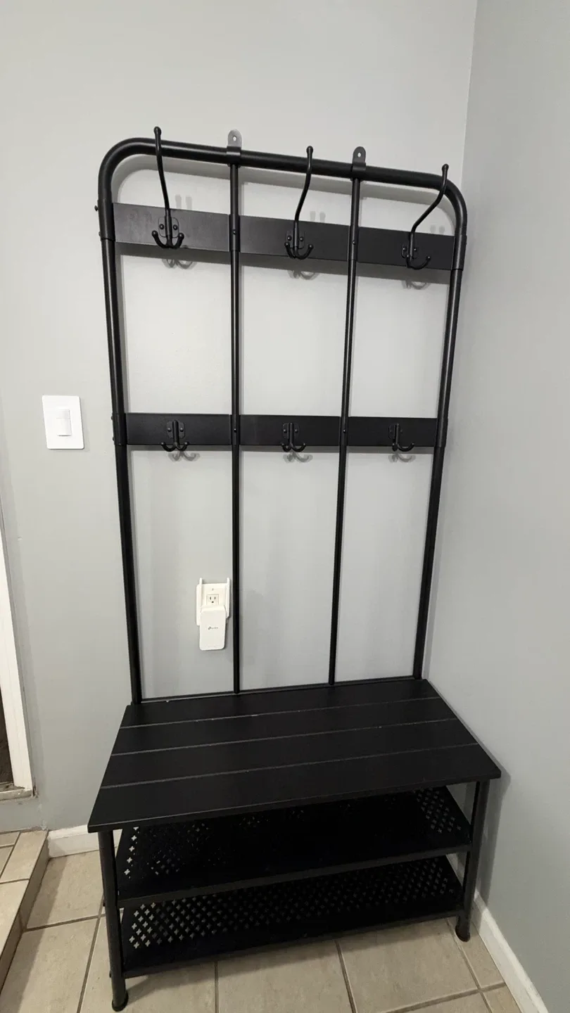 Black Metal Hall Tree with Shoe Storage with coat rack