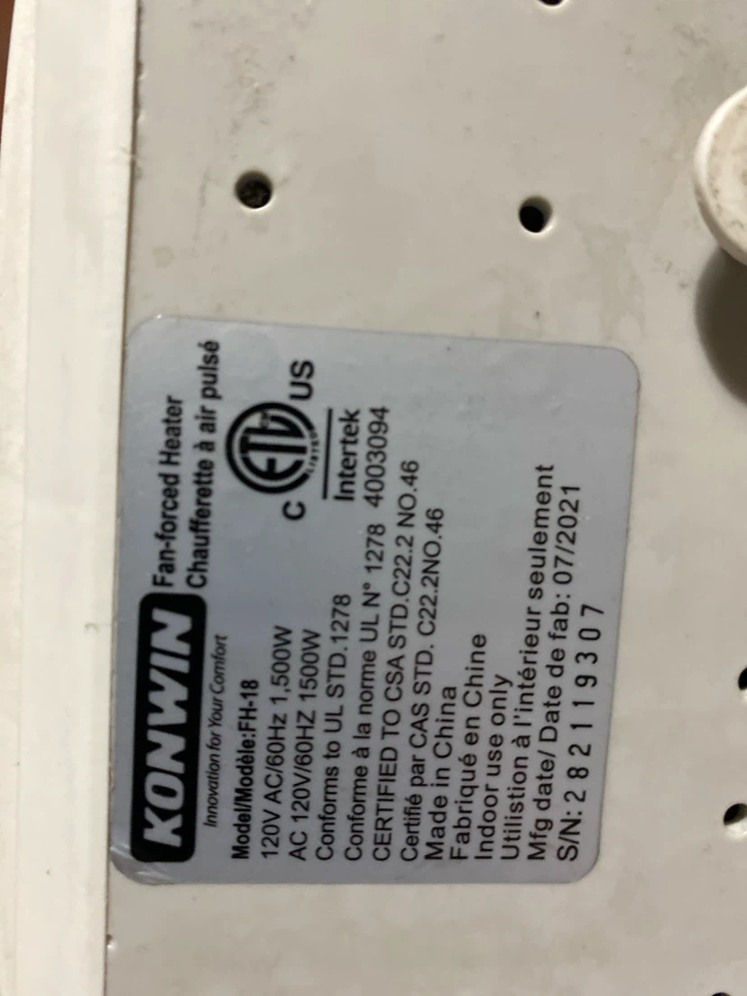 Konwin Fan-Forced Heater Model FH-18 - photo 3