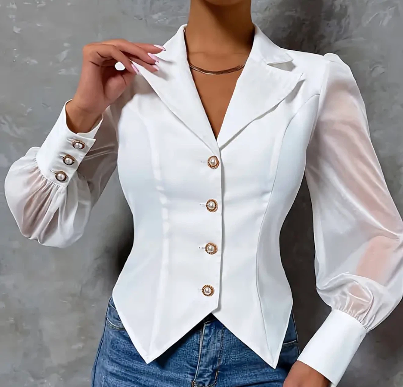 White Button-Up Blouse with Sheer Sleeves