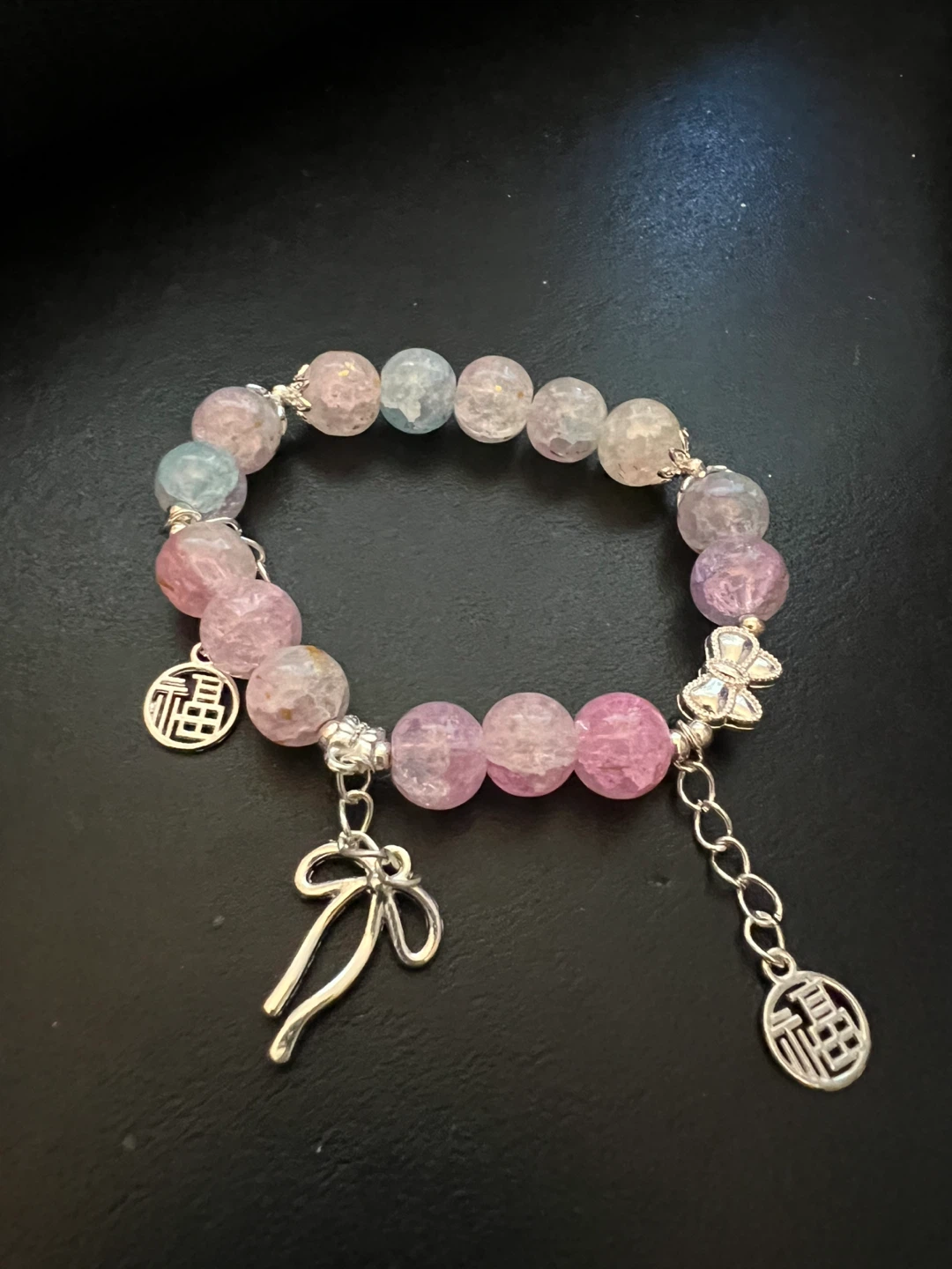 Pink and Blue Crystal Beaded Bracelet with Charms