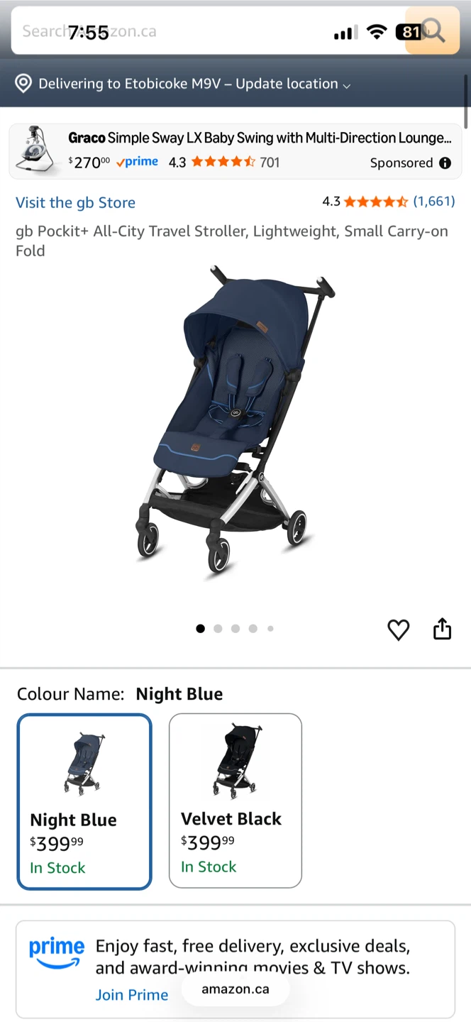 gb Pockit+ All-City Travel Stroller - Night Blue