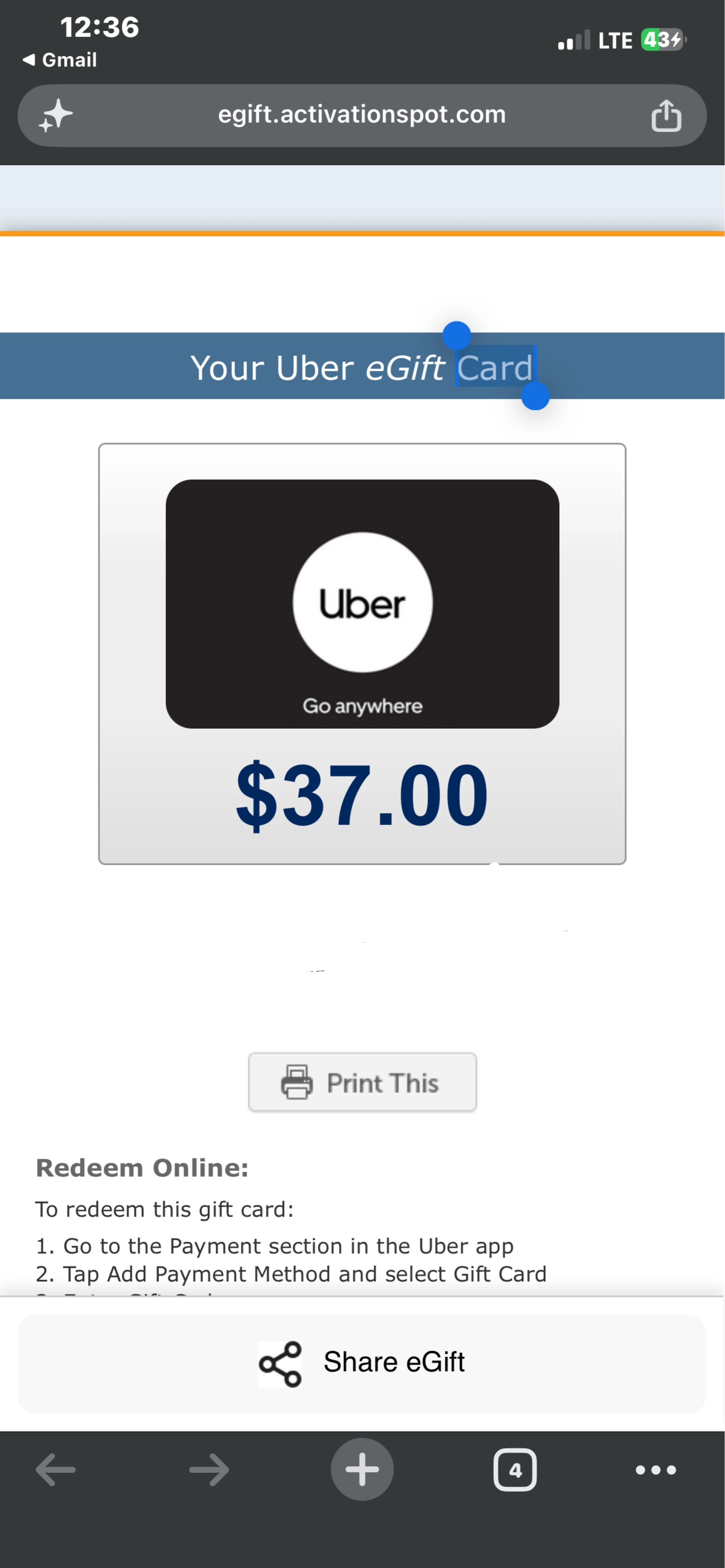 Uber $37.00 eGift Card