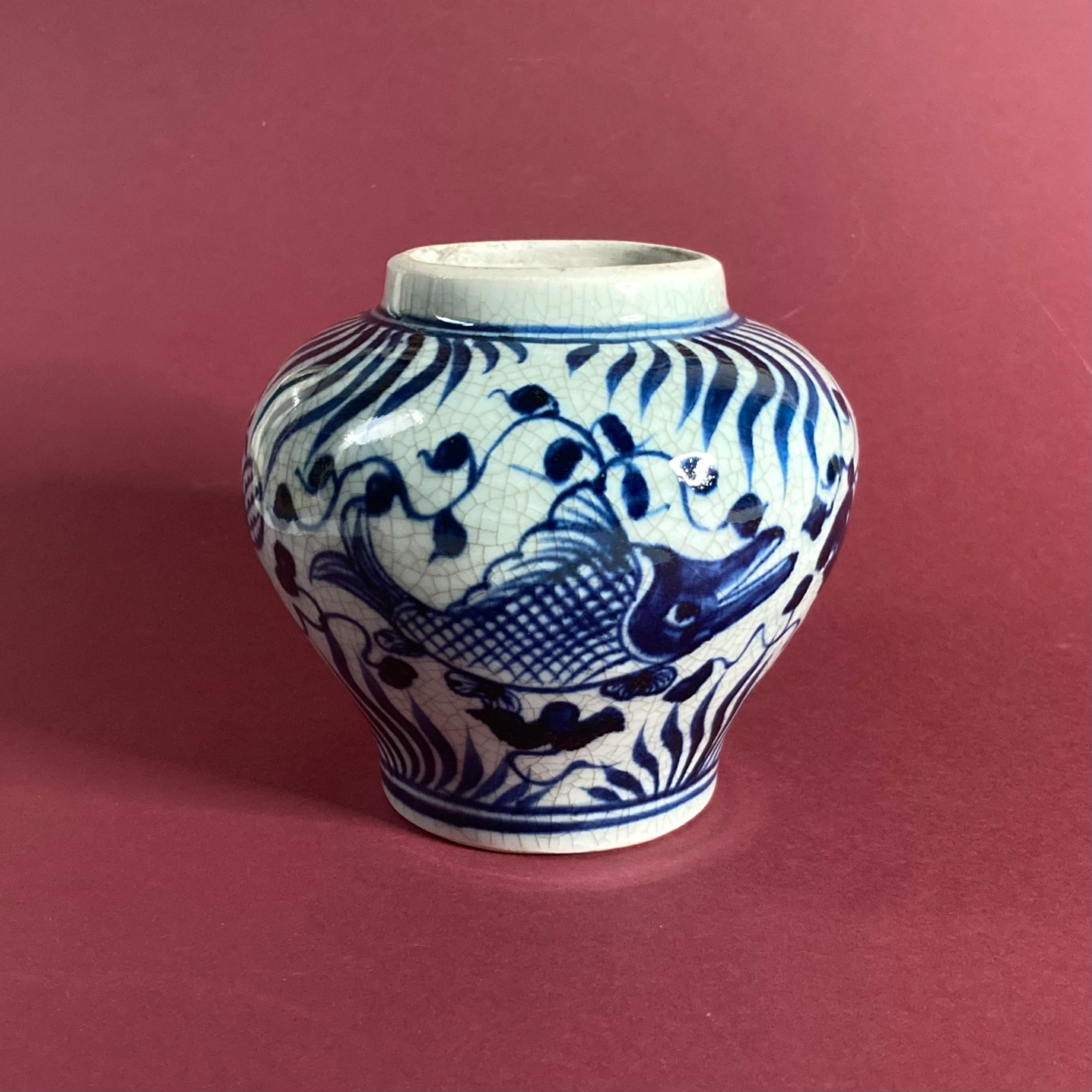 Hand-Painted Vintage Chinese Blue & White Porcelain Fish Vase