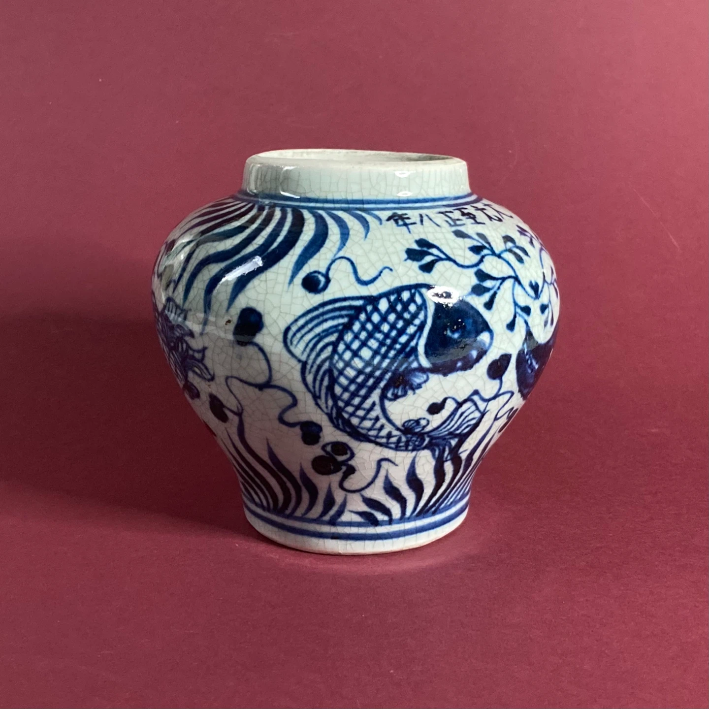 Hand-Painted Vintage Chinese Blue & White Porcelain Fish Vase - photo 3