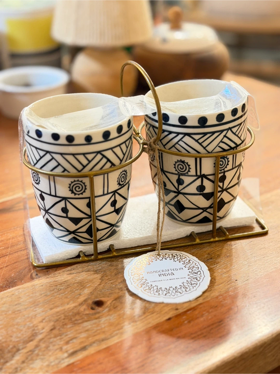 Set of Two Handcrafted Ceramic Mugs with Metal Stand