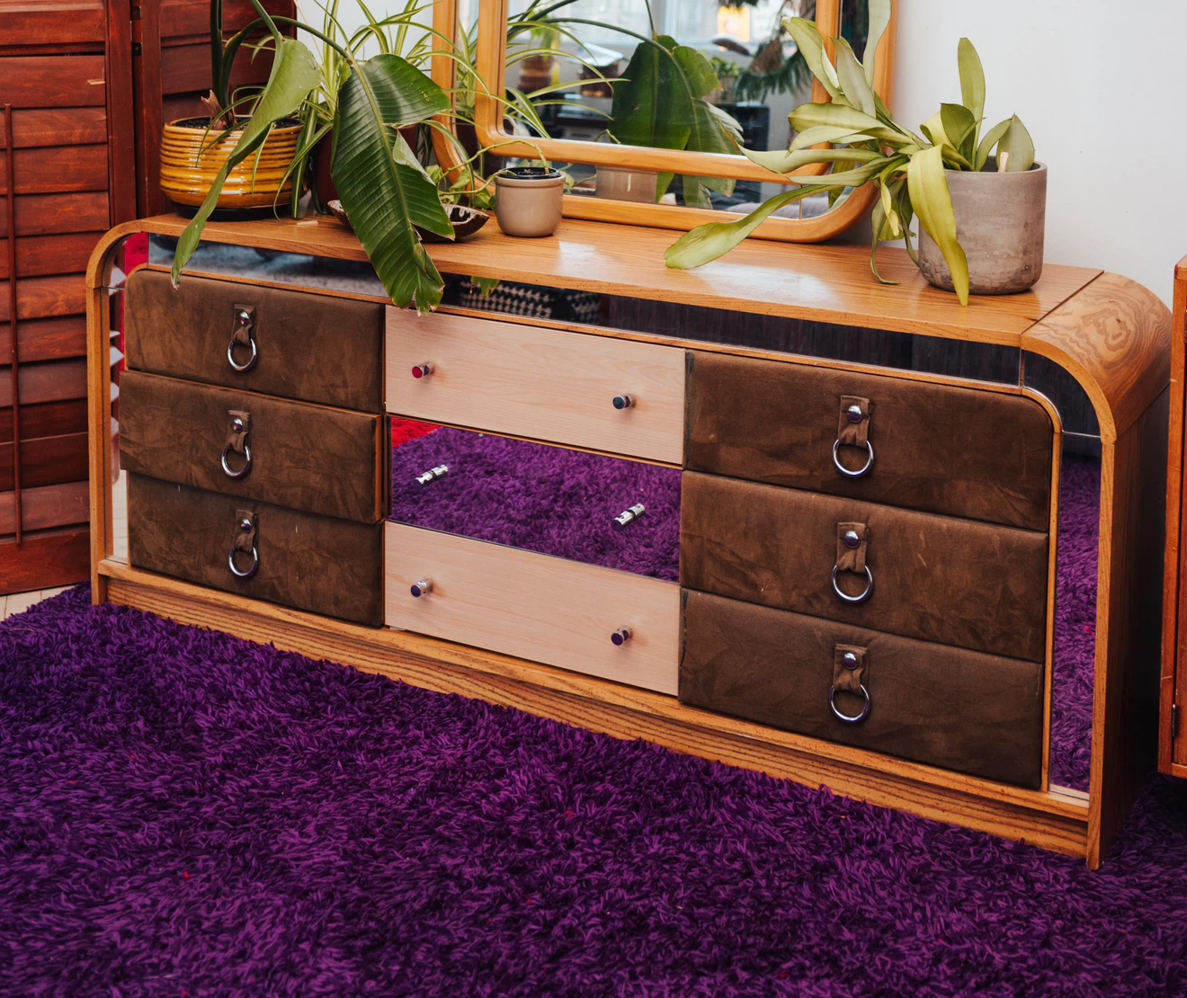 Vintage Postmodern Oak, Suede + Mirrored Arched Dresser