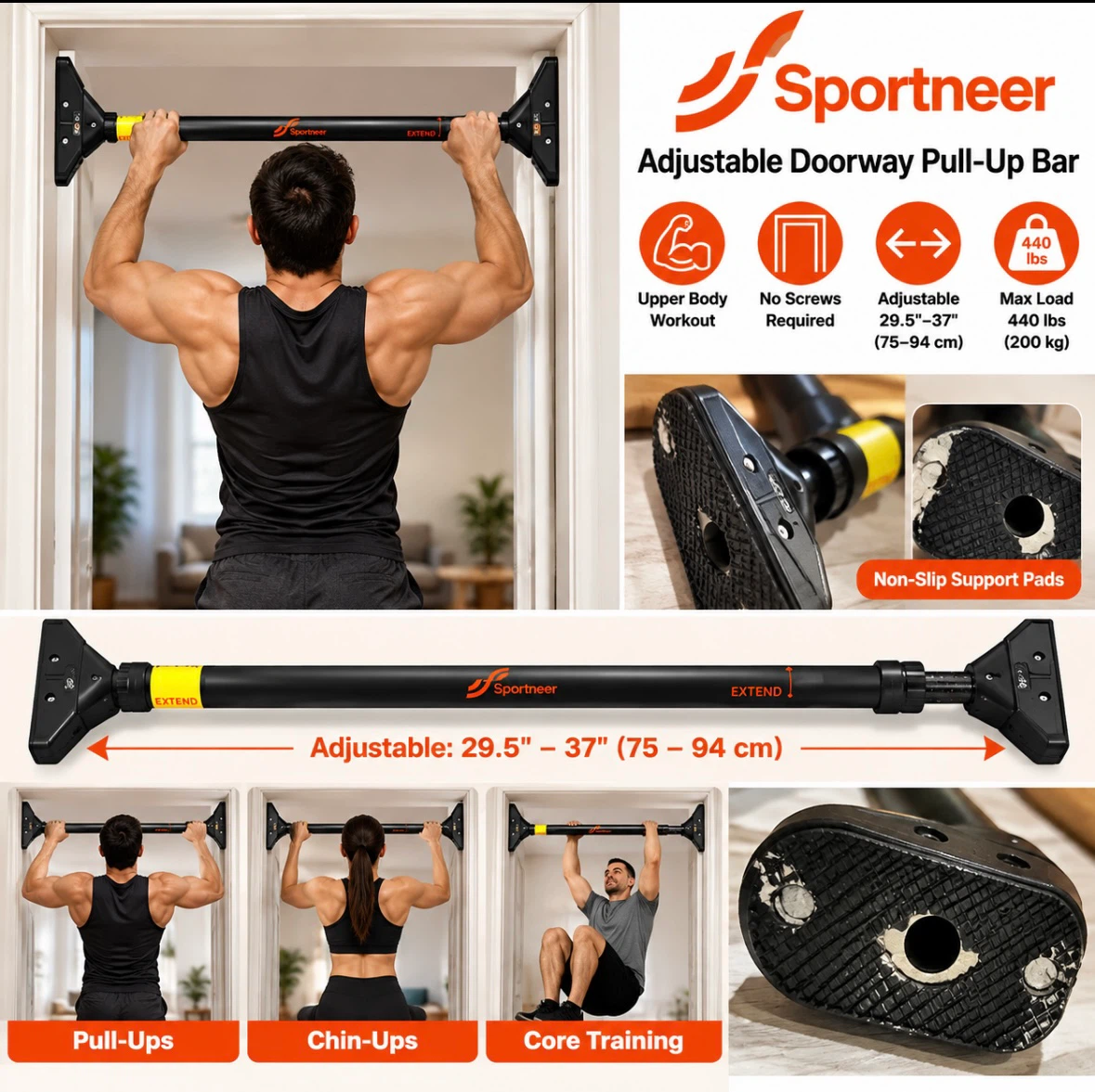 Sportneer Adjustable Pull-Up Bar 29.5–37” – 440 lbs Max