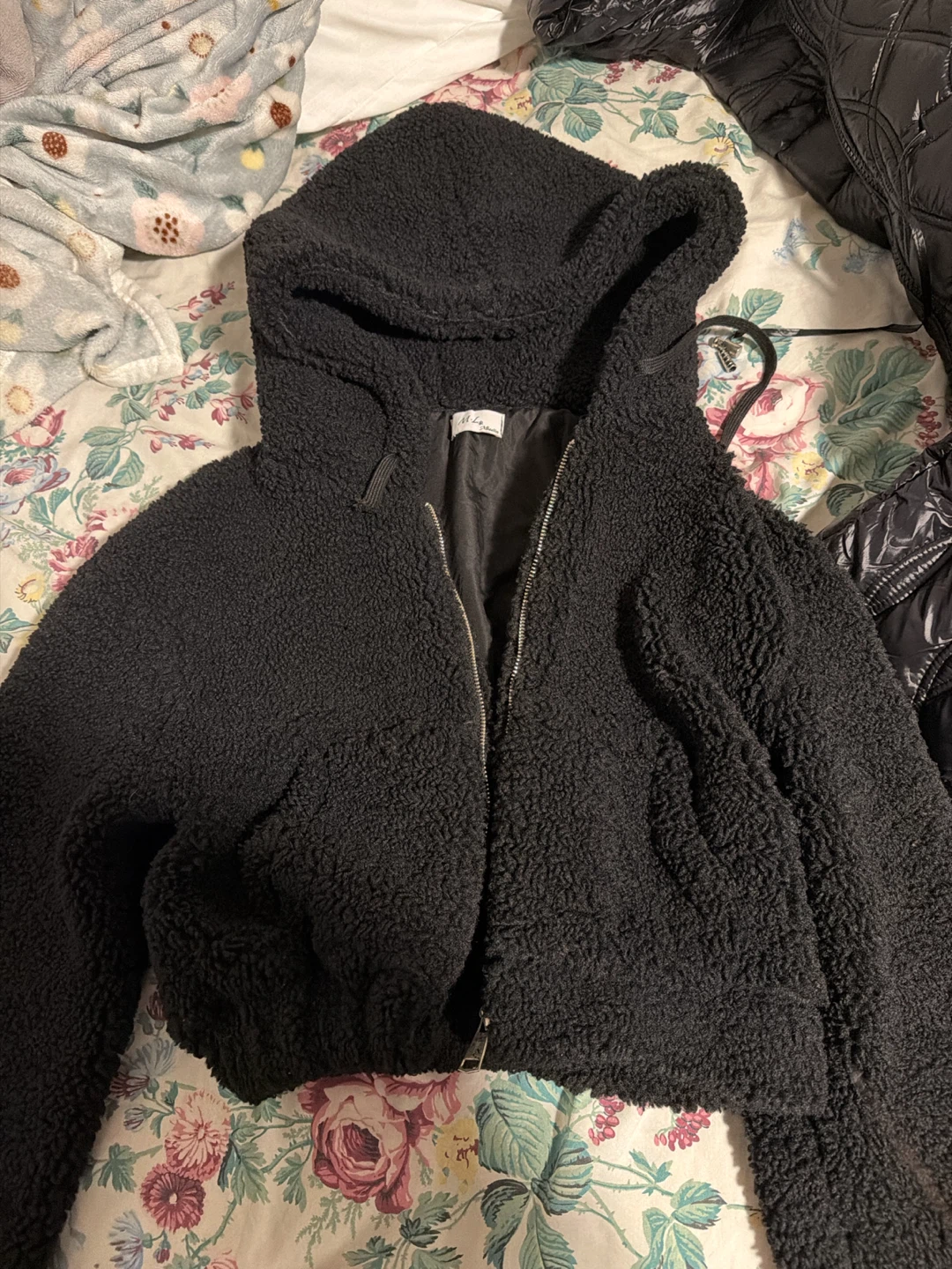 Crop Hoodie Black Sherpa Zip-Up Jacket
