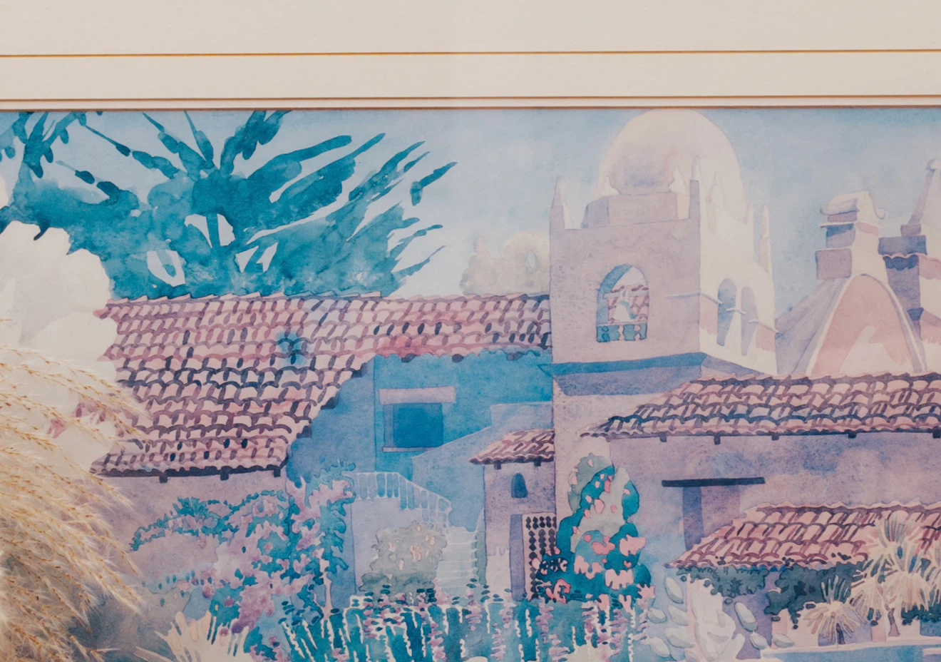 1980s Mediterranean Watercolour Print in Cream Frame - photo 2